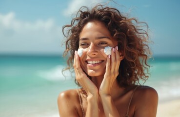 Young woman smears sunblock cream face, protects skin. Skincare at seashore. Smiling female enjoying sun, sea, vacation. Summer beauty care, cosmetology, sunlight, blue sky and ocean background.