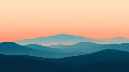 Obraz premium A serene gradient landscape showcasing layers of mountains in soft blues and greens blending into a pastel sunset sky adorned with gentle hues of pink and orange