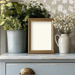 mockup of a 5x7 size frame on a dresser in a cottage style location with flowers