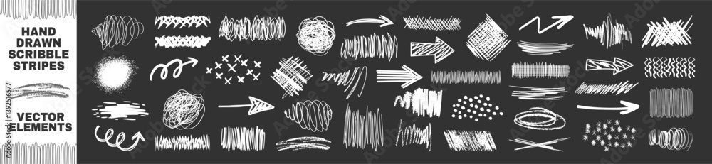 Poster vector set of grungy graphic elements. brush hand drawn scribbles underlines, circles set collection