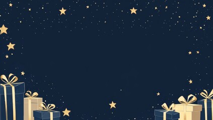 Night gifts, dark blue background, gold stars, gift boxes