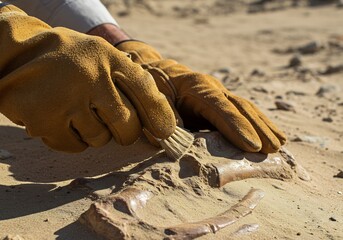 砂漠の陽光降り注ぐ中、丁寧に発掘作業を行う考古学者。古代の遺物を慎重に扱う様子。