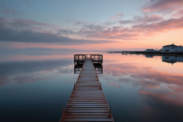 Obraz premium Wooden dock stretching into still water during colorful sunset at a lakeside.