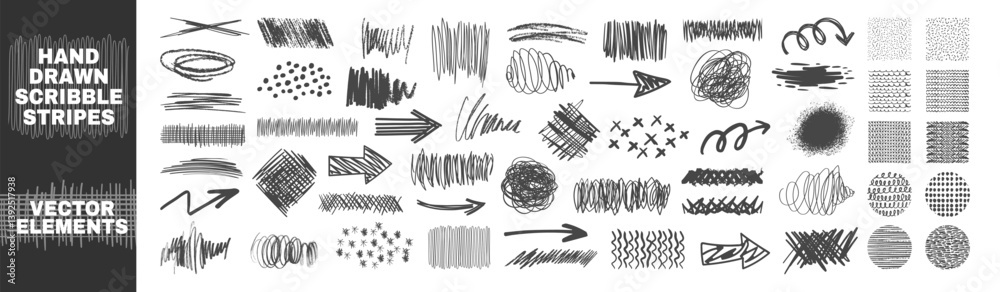 Aufkleber Hand drawn collection of different scribble lines and brush strokes. Marker lines isolated on transparent background. Texture charcoal or pencil drawing. Crayon scribbles set.
