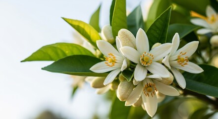 Fototapeta premium 爽やか白花 柔らかな光浴びて輝く柑橘の花