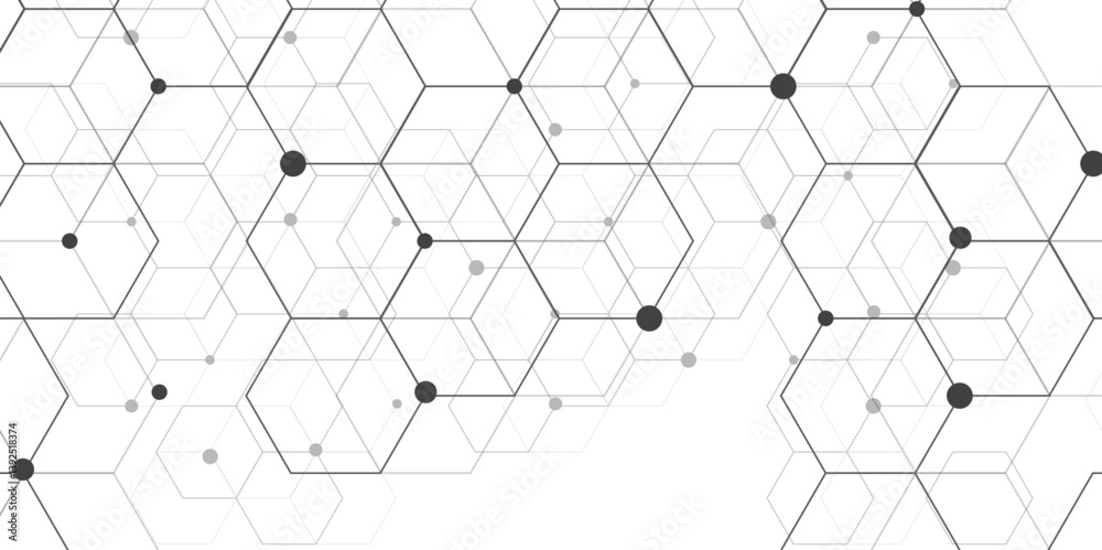 Poster Molecular structure abstract tech background. Geometric white background. Vector banner design with hexagons. Science network pattern, connecting lines and dot Medical background, Vector illustration.