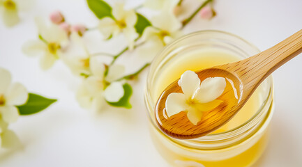 Golden honey in a glass jar with a wooden spoon, surrounded by delicate white flowers, promoting natural sweetness.