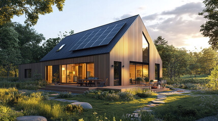 Modern passive house with solar panels and gable roof in warm sunlight