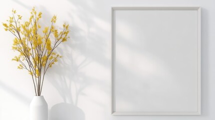 Obraz premium Empty picture frame, vase, and yellow branches