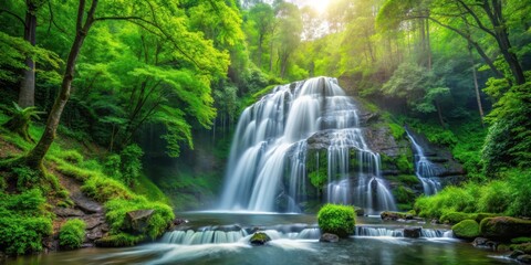 waterfall cascading through lush green forest scenery