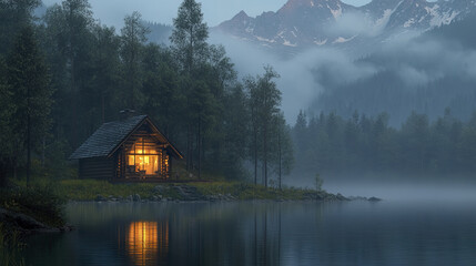 Fototapeta premium cozy wooden cabin glows warmly by misty lake surrounded by trees and mountains