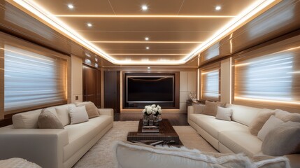 Fototapeta premium Decorative recessed ceiling design illuminated by warm LED strip lights, creating a sleek, inviting vibe