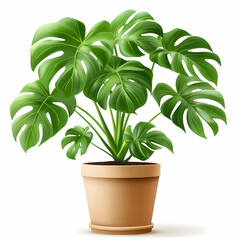 Realistic Monstera Plant in Pot, Isolated on White Background, Home Decor