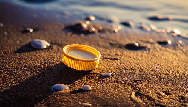 Plastic bottle cap on the seashore touched by waves, symbol of marine pollution and environmental impact, raising awareness for World Oceans Day