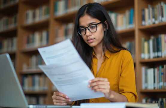 Serious Indian student reads documents in library. Young woman wearing glasses works on research or legal paper, studying hard. Academic life, business, education, online learning.