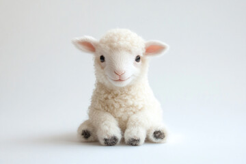 a small white sheep sitting on a white surface