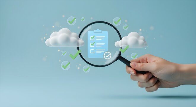 Mano sosteniendo una lupa enfocada en el icono de lista de verificaci&oacute;n digital
