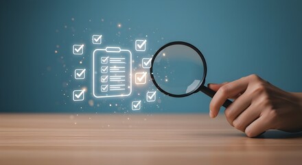 Mano sosteniendo una lupa enfocada en el icono de lista de verificación digital
