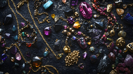 flat lay of assorted colorful gemstones and gold chains, scattered across a dark, textured surface with dramatic lighting highlighting the pieces 