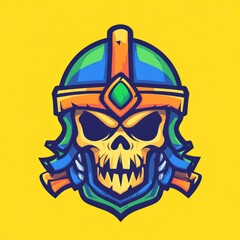 Fototapeta premium Cartoon illustration of a skull wearing a colorful decorative helmet