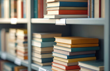 Books stacked on shelf under Science, Universe categories. Hardcover books. Library or bookstore scene depicting factual reference books for study, education, research. Knowledge concept.