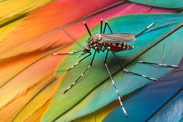 Macro view of an Aedes aegypti mosquito on a colorful parrot feather, tropical bird backdrop.