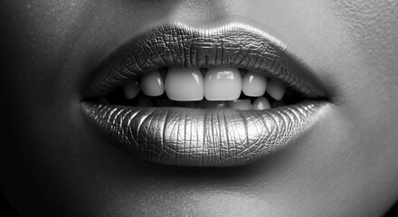 Close-up of lips with metallic silver lipstick against blue background. Fashion editorial, avant-garde beauty, creative makeup concept. Cosmetics promotion, runway trends, artistic expression.
