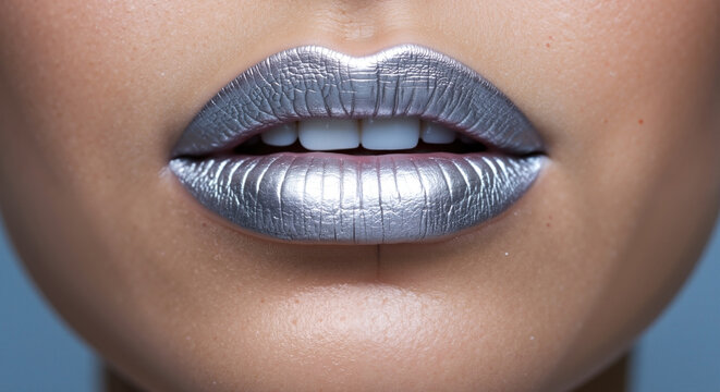Close-up of lips with metallic silver lipstick against blue background. Fashion editorial, avant-garde beauty, creative makeup concept. Cosmetics promotion, runway trends, artistic expression.