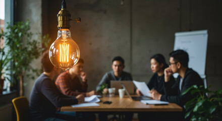 Business meeting with diverse team around wooden table under vintage Edison bulb. Startup culture, brainstorming session, teamwork concept. Innovation, leadership, corporate strategy