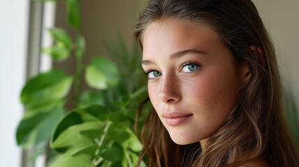 Fototapeta premium Soft light highlights a freckled teen with blue eyes and light brown hair, framed by greenery near the window.