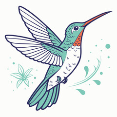 Obraz premium A vibrant vector illustration of the flying Honduran emerald hummingbird with shimmering blue and green speckles, showcasing its distinct red-orange beak.