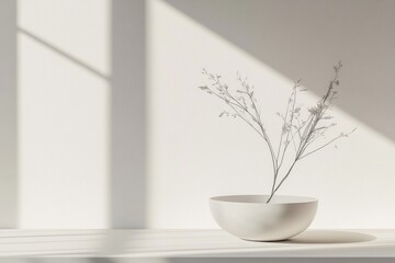 Minimalist white vase with dried flowers, sunlit interior, showcasing window light