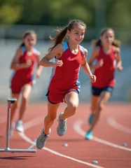 Fotobehang Young girl sprints track and field, leading race. Active children compete during summer. Sport competition on school stadium. Girl runs fast, achieves victory, happy face. © miss irine
