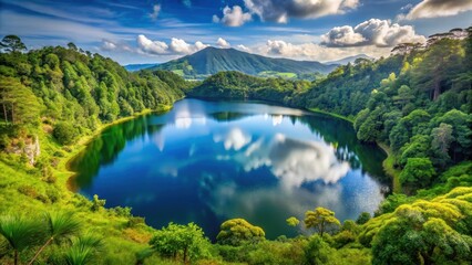 Obraz premium volcanic lake nestled in lush hillside amidst greenery and trees