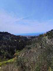 Naklejka premium Panoramic view of lush hills and coastline along a clear day in the Mediterranean region