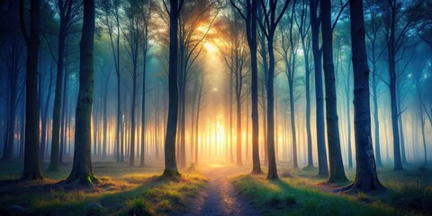 Naklejka premium Mysterious forest at dusk , trees, solitude, trees, solitude, dark woods, misty, dramatic, eerie atmosphere