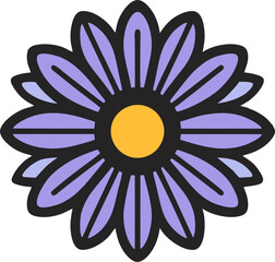 Stylized Daisy with Bold Petals, This modern and vibrant design showcases a stylized daisy flower with wide, soft purple petals, outlined in black. The center of the flower is a bright yellow circle