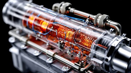 The integration of industrial science and technology is highlighted through complex abstracts that incorporate holographic tech elements and mechanical parts, with a minimalist approach
