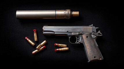 2023 with 9mm cartridges and a pistol with a silencer on a black background.