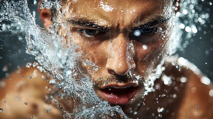 A close-up of water splashing onto an athletes face, intense refreshment, high-speed photography, ultra-sharp details