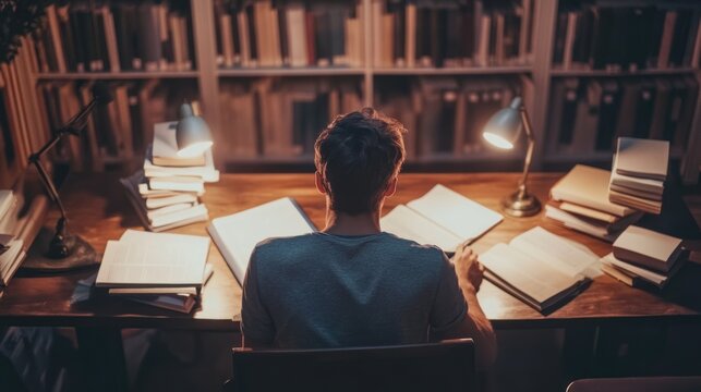 A student sitting at a wooden desk, surrounded by textbooks, late-night studying --ar 16:9 --v 6.1 Job ID: 71a9c7b8-9ed4-4198-884a-d174f72d02cf