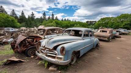 Rusted vintage cars sit stacked in a junkyard, their faded frames telling stories of another era.

