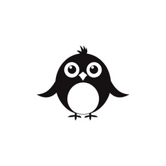 A black and white vector silhouette of a small bird perched on a twig with delicate wings and a tilted head on a white background