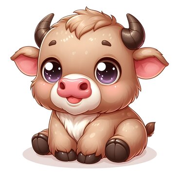 Cute Cartoon buffallo Sitting on White Isolated Background
