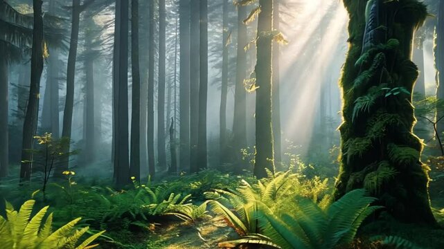 Sunlight Streaming Through Tall Trees in a Forest