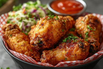 Crispy Fried Chicken Wings Served With Coleslaw And Ketchup In A Bowl