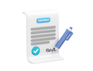 Contract signing with pen and check mark on a white background. Contract icon 3d