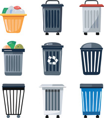 Collection Of Colorful Trash Cans Garbage Bins Waste Management Icons Isolated
