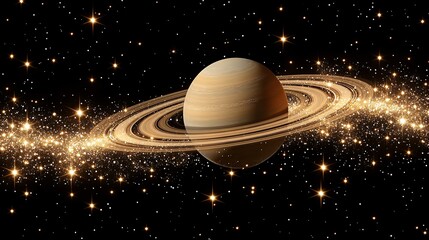 Abstract Representation of Saturn Floating Gracefully in a Starry Space with Glimmering Effects