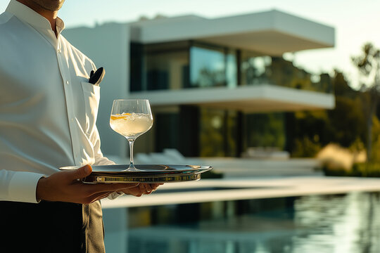 Elegant waiter delivering cocktail by the pool of luxury modern villa, advertising, illustration